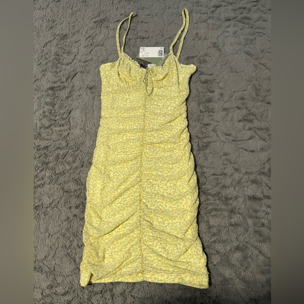 Yellow Floral Ruched Mini Dress